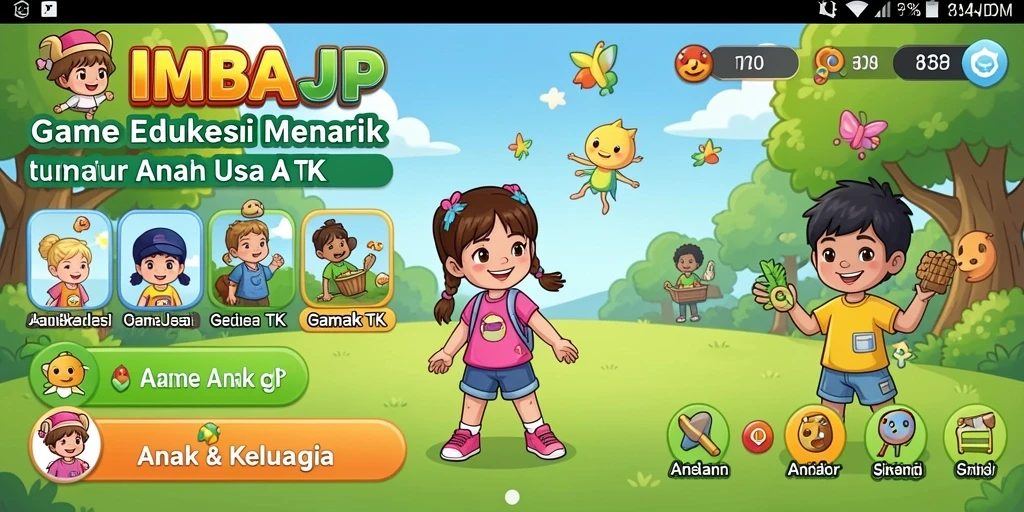 Antarmuka aplikasi IMBAJP yang ceria dan edukatif untuk anak-anak.