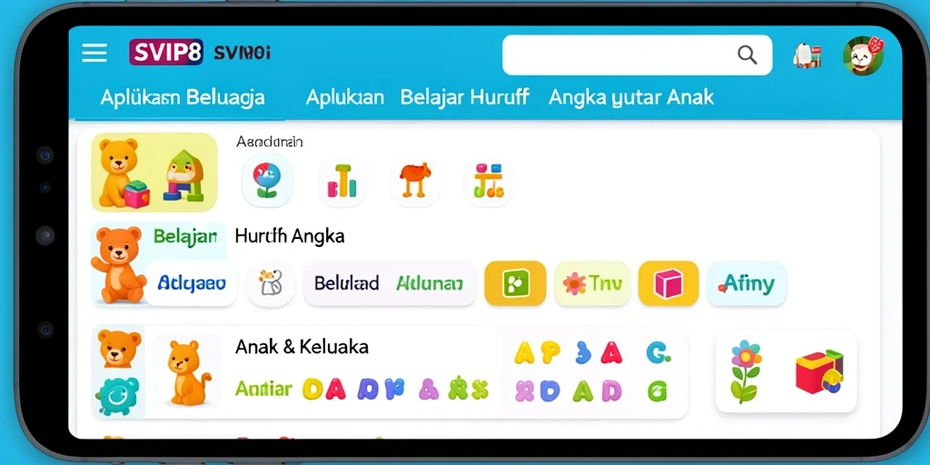 Tampilan antarmuka aplikasi SVIP8 untuk belajar huruf dan angka.